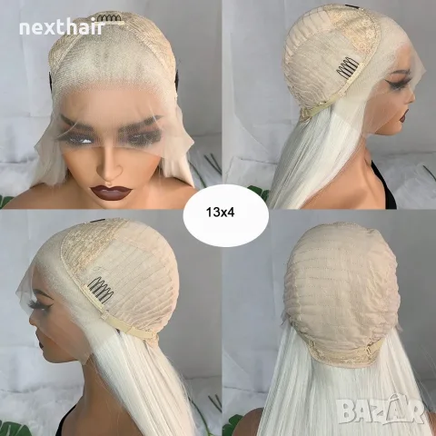 Платинено руса Lace Front перука - дълга права коса 80 см, термоустойчива, дантела 13×4, снимка 9 - Аксесоари за коса - 55949918