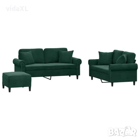vidaXL Комплект дивани 3 части с възглавници, тъмнозелен, кадифе, снимка 1 - Дивани и мека мебел - 56146768