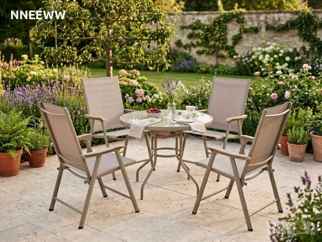 Градински комплект  Маса и 4 стола сгъваеми Бежов, снимка 2 - Градински мебели, декорация  - 54049962