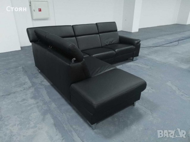 Черен кожен ъглов диван "Boreas" с релаксиращ механизъм, снимка 6 - Дивани и мека мебел - 39394554