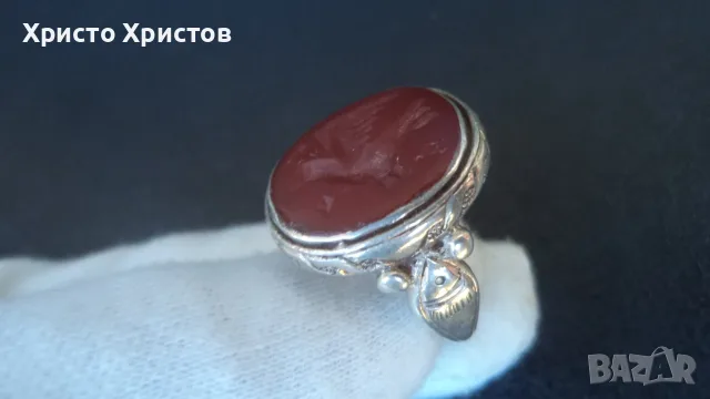 Сребърен старинен гръцки пръстен с гема натурален карнеол, снимка 3 - Пръстени - 56035033
