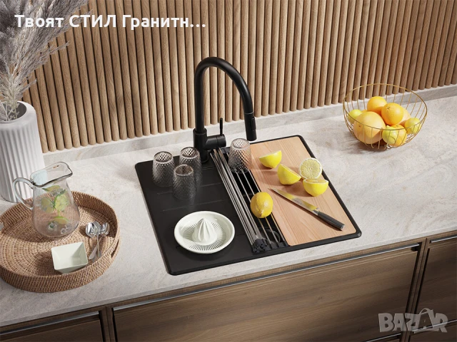 Черна кухненска гранитна мивка Копенхаген 40 Top 550 x 500 мм, снимка 4 - Мивки - 51015684