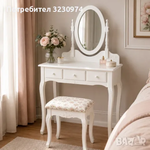 Бяла козметична тоалетка с овално огледало и табуретка, снимка 3 - Тоалетки - 56079715