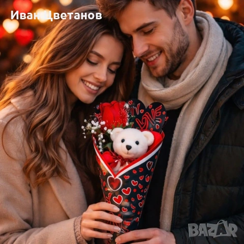 Романтичен букет с плюшено мече и роза