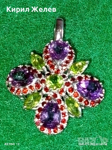 Сребърна висулка с флорален мотив инкростация на АЛЕКСАНДРИТ,ДИАМАНТ,ГРАНАТ ефектна стилна 52501, снимка 4 - Колиета, медальони, синджири - 53003105