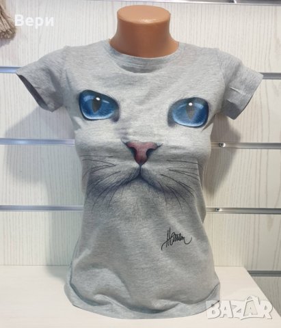 Нова дамска сива тениска с 3D принт Котка със сини очи, снимка 8 - Тениски - 29126621