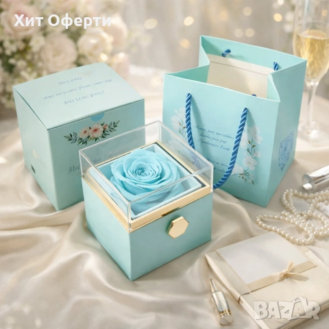 Луксозна подаръчна кутия с консервирана синя роза и въртящо се чекмедже, снимка 4 - Подаръци за жени - 53145299
