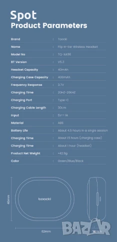 Toocki TQ-XA96 Earbuds Black, снимка 4 - Слушалки, hands-free - 51283573