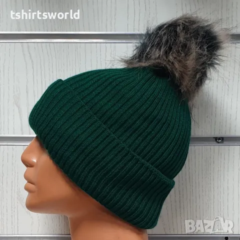 Нова зимна топла дамска шапка Silver Star в зелен цвят с пух/помпон, снимка 3 - Шапки - 47926771