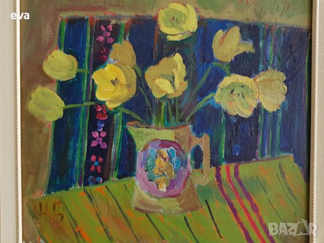 НЕВЕНА ДИМИТРОВА 1927 Красив натюрморт Лалета 1970те години, снимка 3 - Картини - 39006019