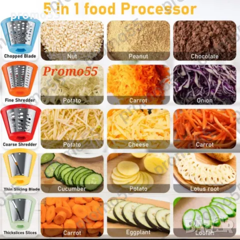 Кухненско електрическо ренде 500W, с 5 приставки за рязане, стъргане, снимка 5 - Кухненски роботи - 48660234