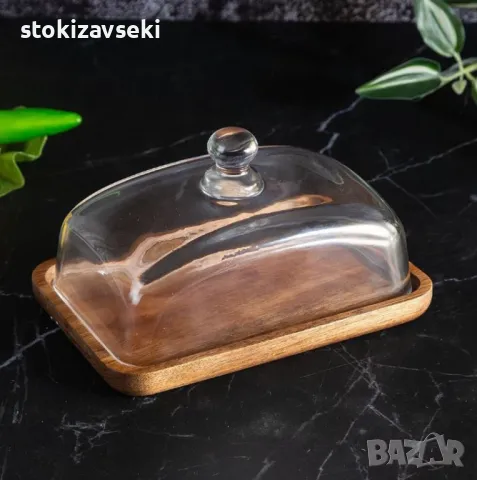 Стъклена кутия за масло с акациева и стъклен капак, снимка 1