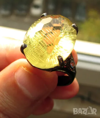 925 сребърен пръстен, родиево покритие с лимонов кварц 18 карата, размер 21x16мм, общо тегло 10.1гр., снимка 3 - Пръстени - 47577264
