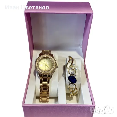 Луксозен дамски комплект – елегантен часовник и изискана гривна със скъпоценни камъни