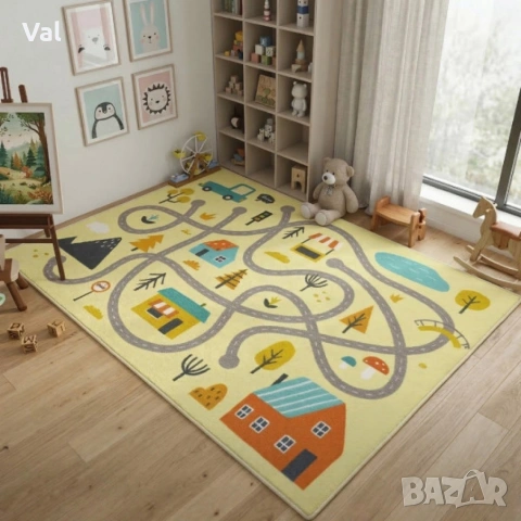 Детски килим за игра 120х160см - Светложълт килим с цветни къщички, противоплъзгащ и миещ се, снимка 2 - Други стоки за дома - 53881966