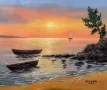 Морски залез и лодки в морето маслена картина , снимка 2