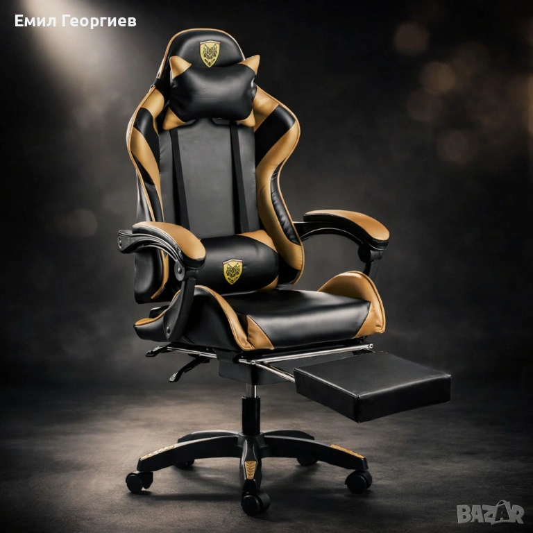 Черен геймърски стол с златисти акценти и разтегляема поставка за крака – луксозен комфорт без компр, снимка 1