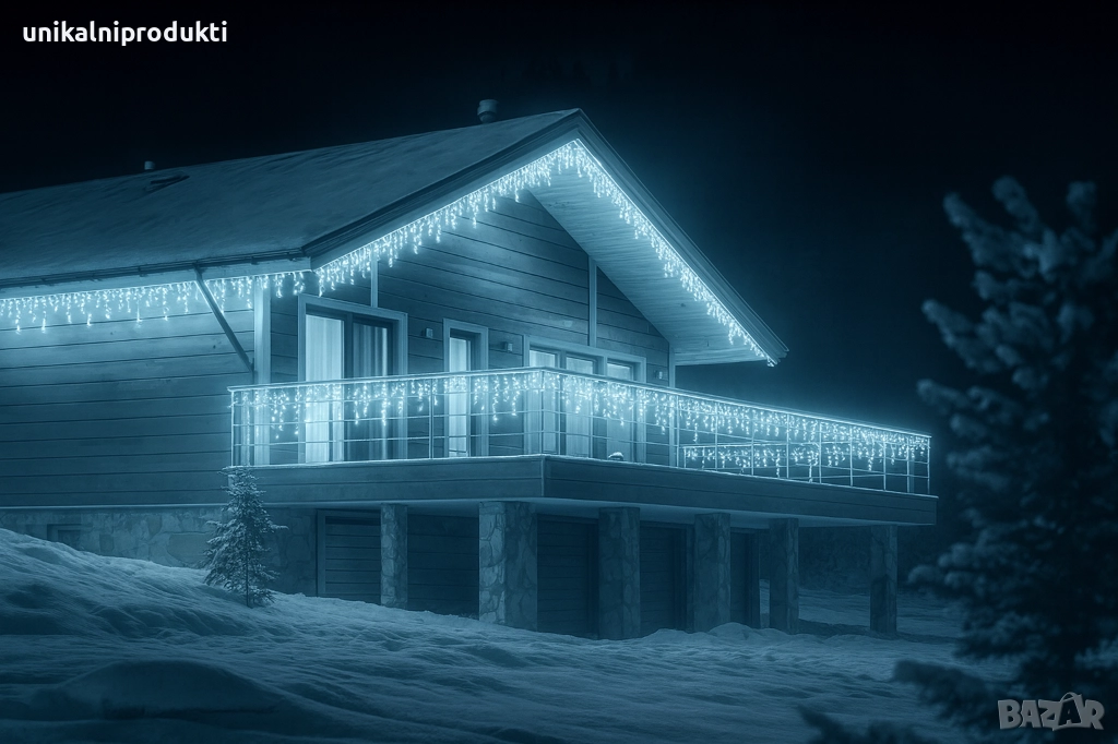 25м коледни външни лампички LED завеса студено бяла светлина с флаш ефект, снимка 1