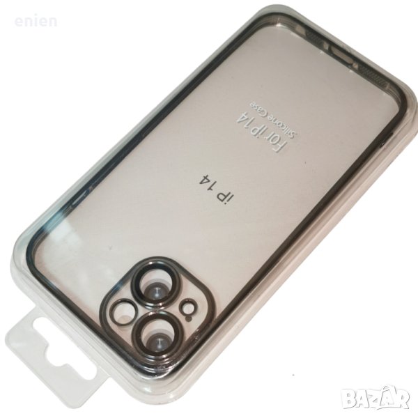 Луксозен силикон кейс с протектор камера за iPhone 14 / Черен, снимка 1