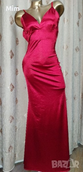 S/M Дълга червена рокля от еластичен сатен с гол гръб, снимка 1