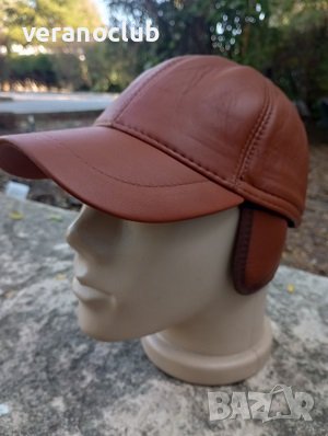 Шапка естествена кожа с ушички Кафява Светла L, снимка 1