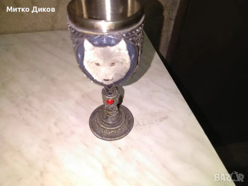  чаша бокал за вино от полирезин и метал с релефни декорации - вълк и символи Н-185мм и фи 74мм, снимка 1
