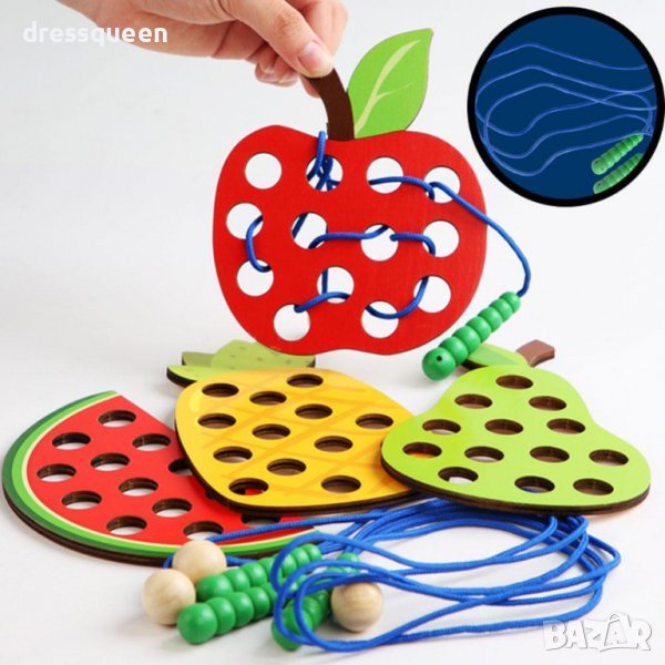 3576 4 бр. дървени плодове с отвори и шнур за нанизване, снимка 1