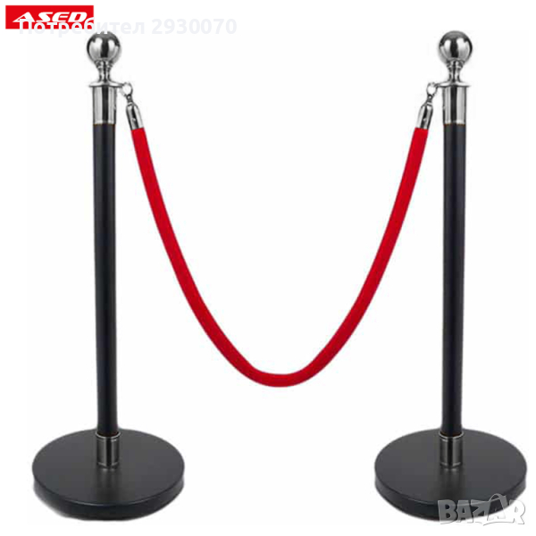 Комплект 2 броя метални ограничителни колчета черно/хром с червено въже ASED, снимка 1