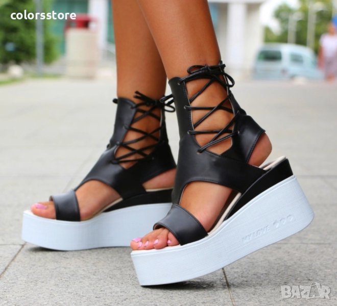 Сандали на платформа - черна кожа с бяло ходило - 3420, снимка 1