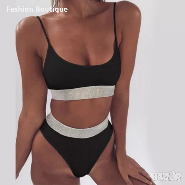 ПОСЛЕДНИ! Бял черен блестящ бански талия, снимка 1