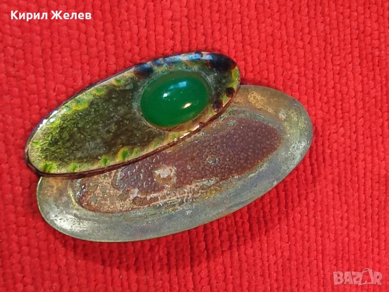 СТАРА БРОШКА с ШЛИФОВАН ЗЕЛЕН АХАТ - КАБОШОН за КОЛЕКЦИЯ 19401, снимка 1