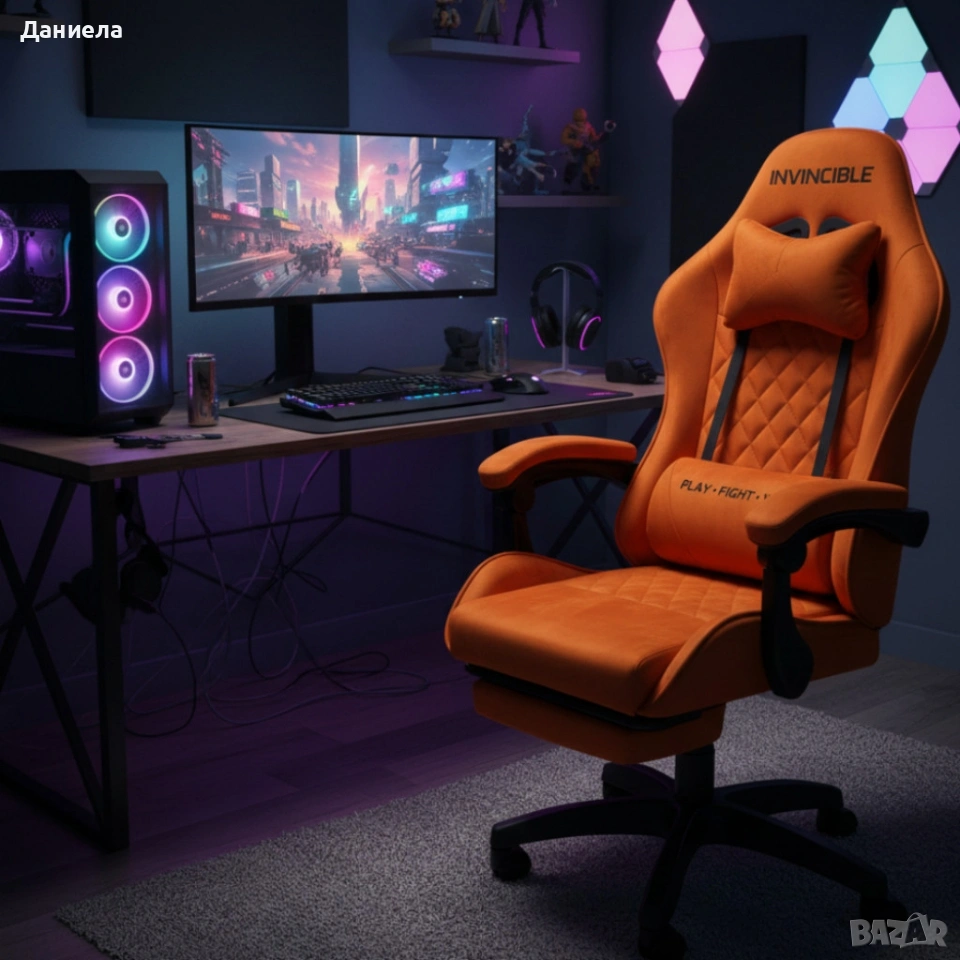 Оранжев велурен геймърски стол с поставка за крака – ергономичен, метална рамка, снимка 1