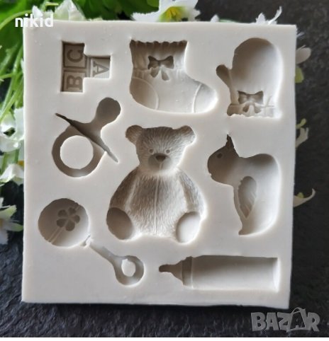 Бебешки чорап дрънкалка  шише биберон кубчета мече пате силиконов молд форма фондан гипс украса , снимка 1