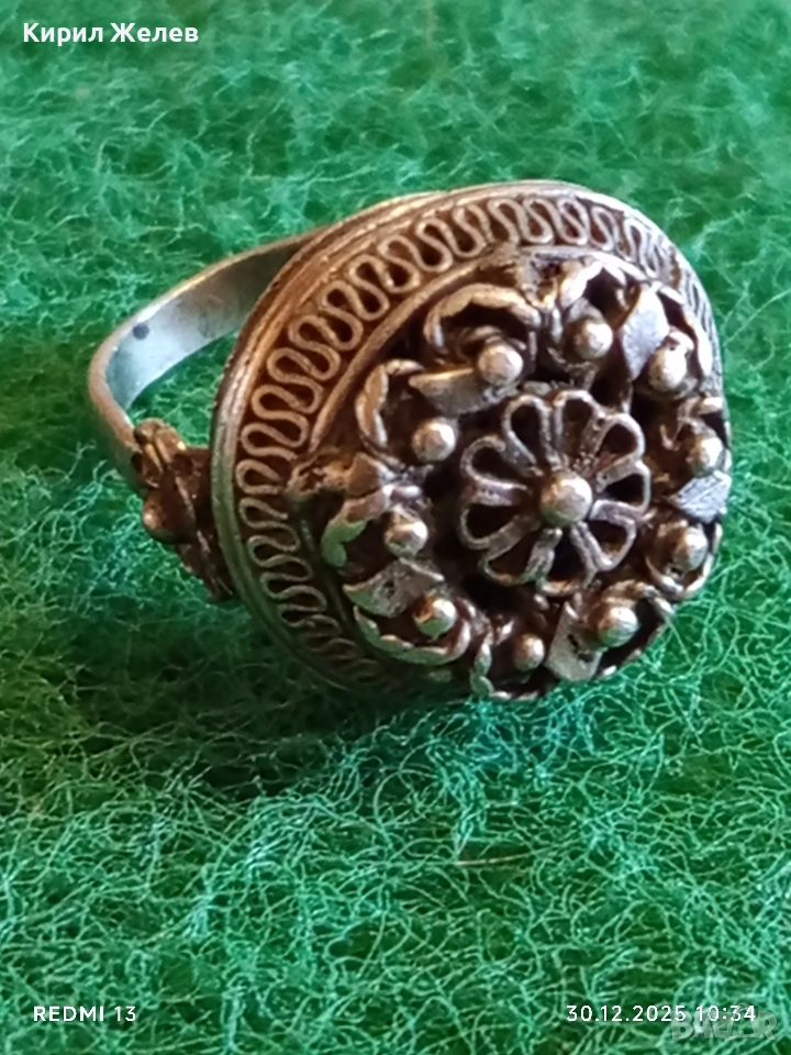 Възрожденски филигранен сребърен пръстен гранулация ювелирна изработка 36131, снимка 1