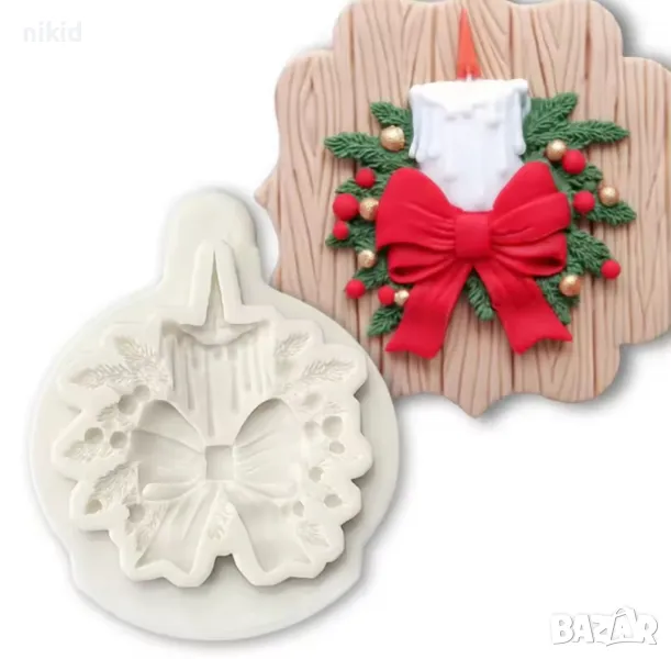 Коледна свещ с пандела и борови клонки коледен силиконов молд форма фондан шоколад торта декор, снимка 1