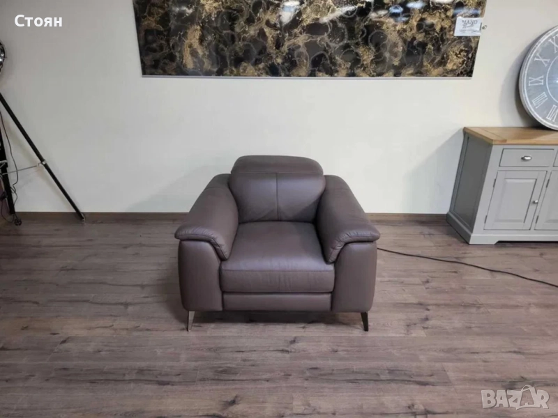 Кафяв кожен фотьойл с ел релакс механизъм и подгряваща функция, снимка 1