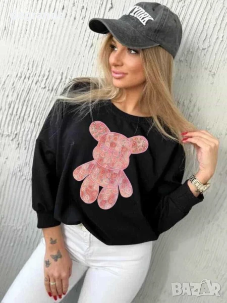 Черна блуза с розово мече, снимка 1