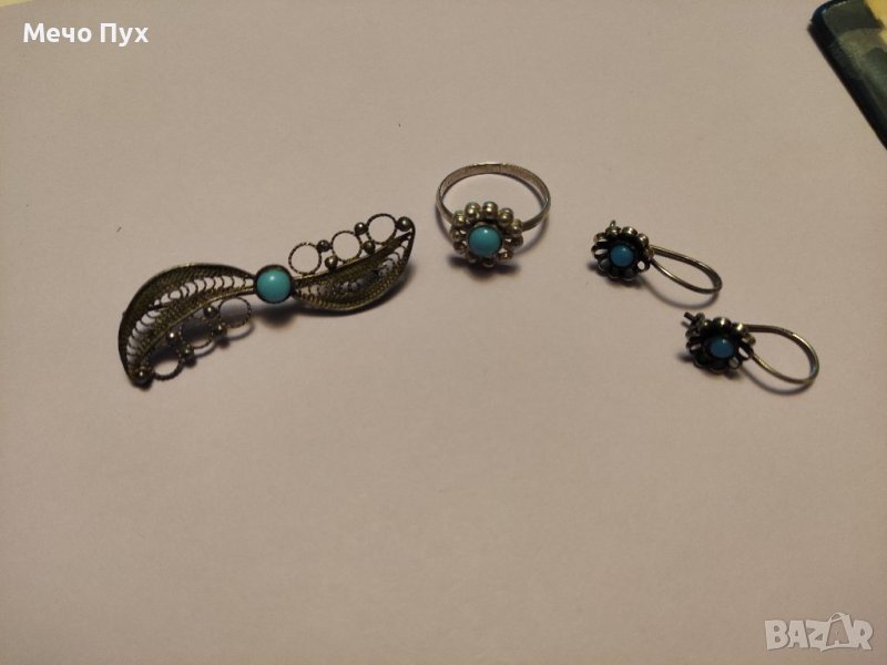 Стар сребърен комплект - брошка,обеци и пръстен (11), снимка 1