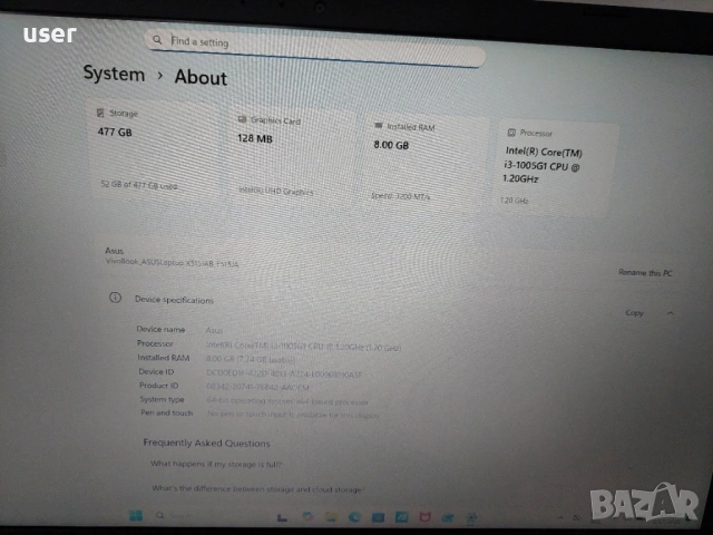 15.6" лаптоп като нов Asus Vivobook F515J Core i3-1005G1 8GB RAM 512GB SSD, снимка 7 - Лаптопи за работа - 53130560