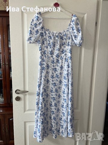 Нова елегантна ежедневна романтична дълга бяла рокля нежни сини полски цветя цепка буфан ръкав к, снимка 1 - Рокли - 42540684
