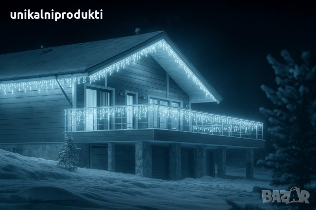 25м коледни външни лампички LED завеса студено бяла светлина с флаш ефект