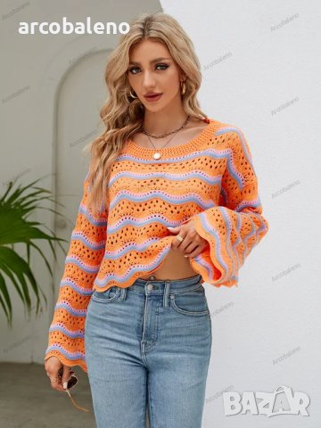 Дамски моден пуловер с дълги ръкави и кръгло деколте на райета, 2цвята - 023, снимка 13 - Блузи с дълъг ръкав и пуловери - 42305036