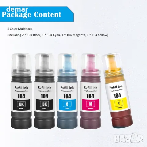 104, 5 броя бутилки с мастило за принтери Epson, серия EcoTank, снимка 3 - Консумативи за принтери - 50032103