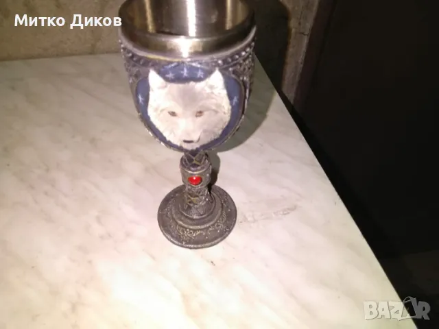  чаша бокал за вино от полирезин и метал с релефни декорации - вълк и символи Н-185мм и фи 74мм