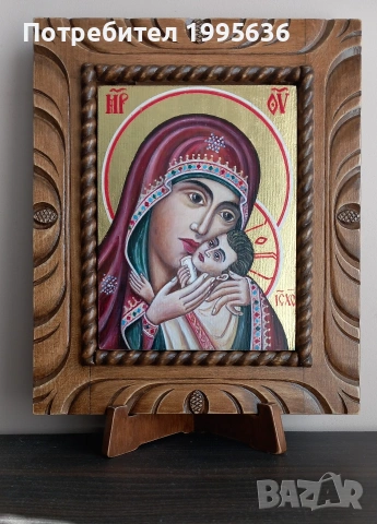 Дърворезбована рамка с иконопис Св.Богородица " Касперовска ", снимка 3 - Картини - 53260939