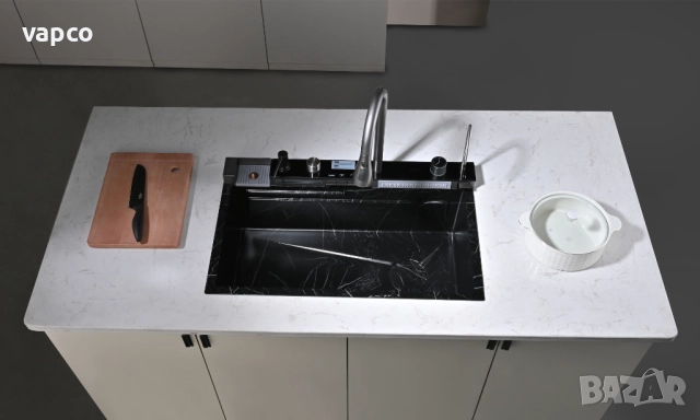  Черен мрамор - Мултифункционална кухненска мивка с двоен водопад , снимка 4 - Мивки - 52128188