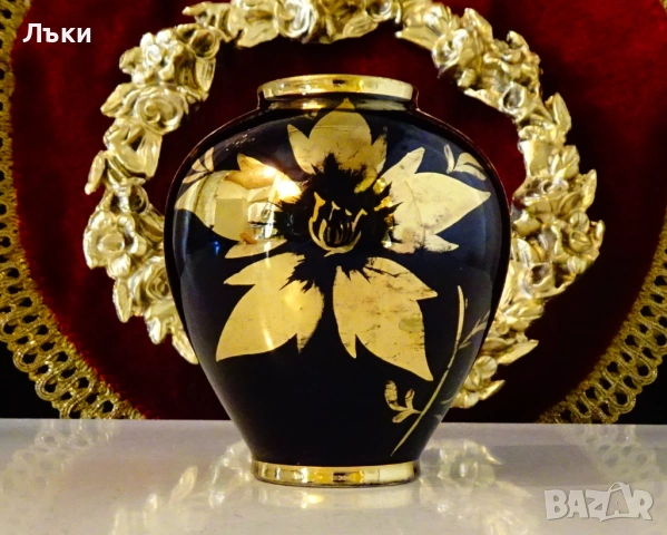 Порцеланова ваза,злато,кобалт,ръчно рисувана. , снимка 6 - Вази - 53066805
