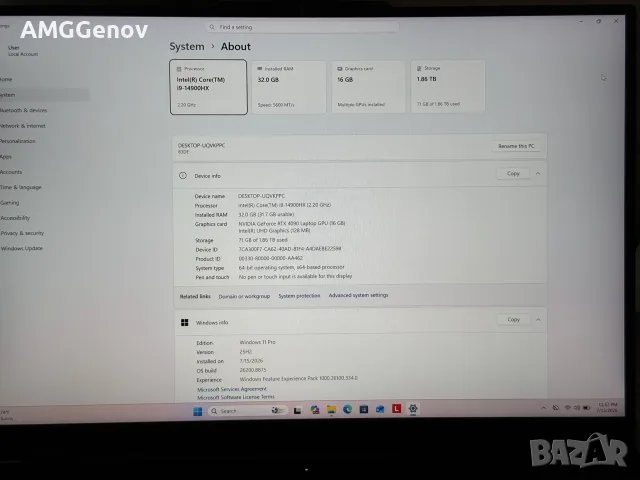 Геймърски Лаптоп 16'QHD+ 240Hz Core i9-14900HX RTX 4090 16GB Lenovo Legion 7 Pro 32GB DDR5 2TB SSD, снимка 9 - Лаптопи за игри - 55737345