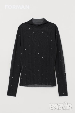Черна блуза от тюл със сребристи камъчета и с поло-яка, снимка 2 - Ризи - 39690386