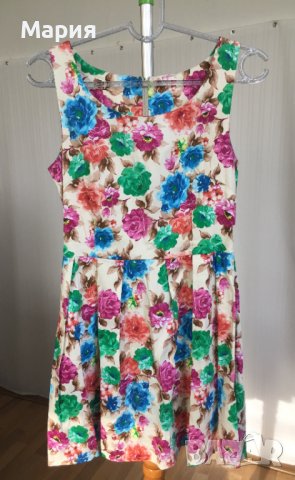 38 С / 40 М Дамска Рокля на Цветя Еластична Памучна Бежова Цветна Розова Синя Зелена, снимка 1